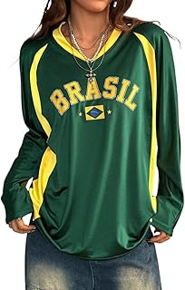 Brazil Jersey Shirts Y2k Oversized Tshirts Graphic Long Sleeve V Neck Summer Tops 2000s 90s Streetwear