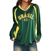 Brazil Jersey Shirts Y2k Oversized Tshirts Graphic Long Sleeve V Neck Summer Tops 2000s 90s Streetwear