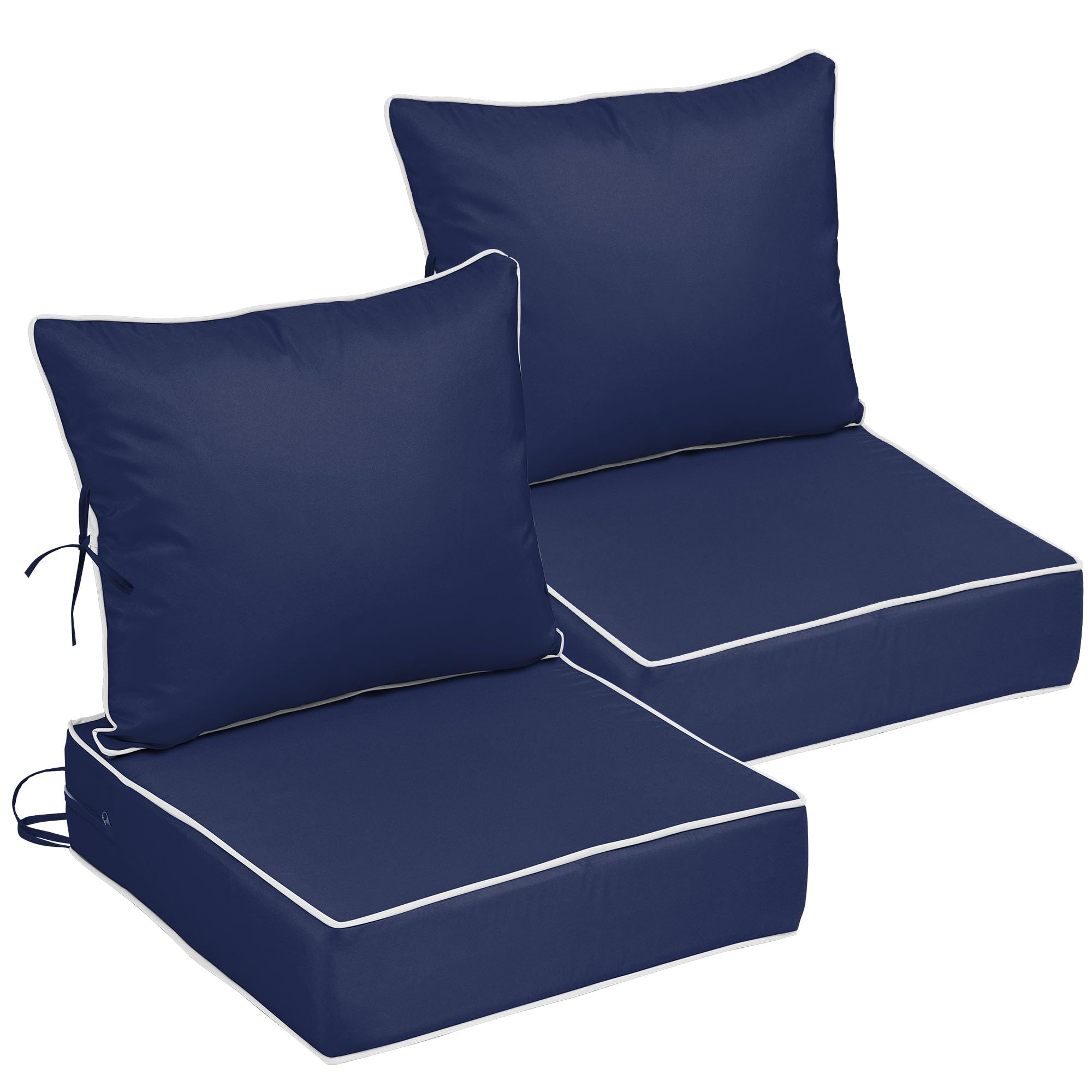 24x24 Outdoor Chair Cushions Set of 2, Waterproof Deep Seat Cushions for Patio Furniture with Removable Cover, Fade Resistant 4'' Outdoor Seat Cushion with Ties Handle for Sofa Couch,Navy White Piping