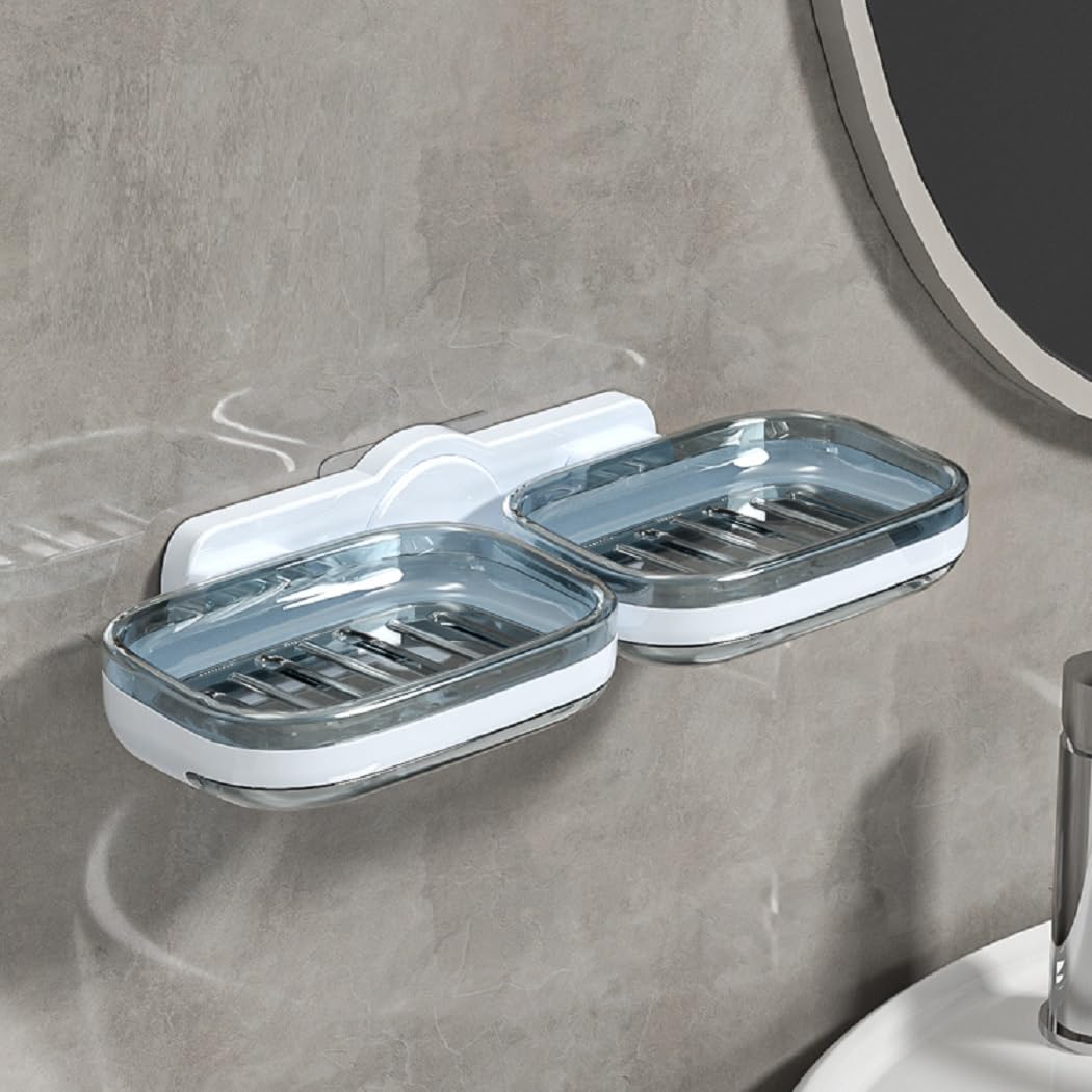 Tyzag Soap Holder for Bathroom, Soap Dish Holder, Soap Stand for Bathroom, Wall Mounted stickable self Adhesive Soap Case for Bathroom (White & Blue, Double Dish)