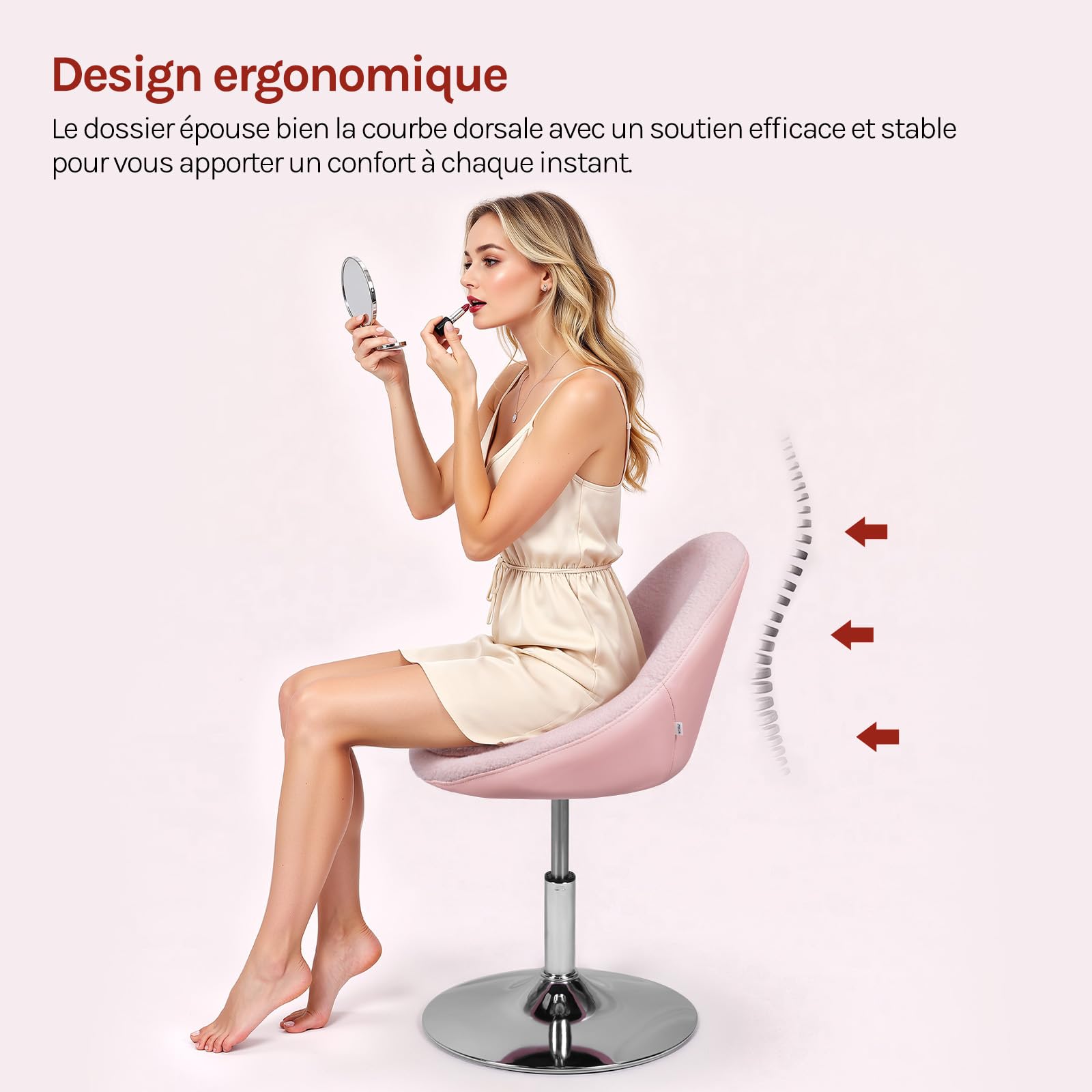 WOLTU Chaise Coiffeuse, Chaise Pivotante avec Dossier, Hauteur Réglable, en Tissu Teddy et PU, pour Chambre à Coucher, Bureau à Domicile, Rose