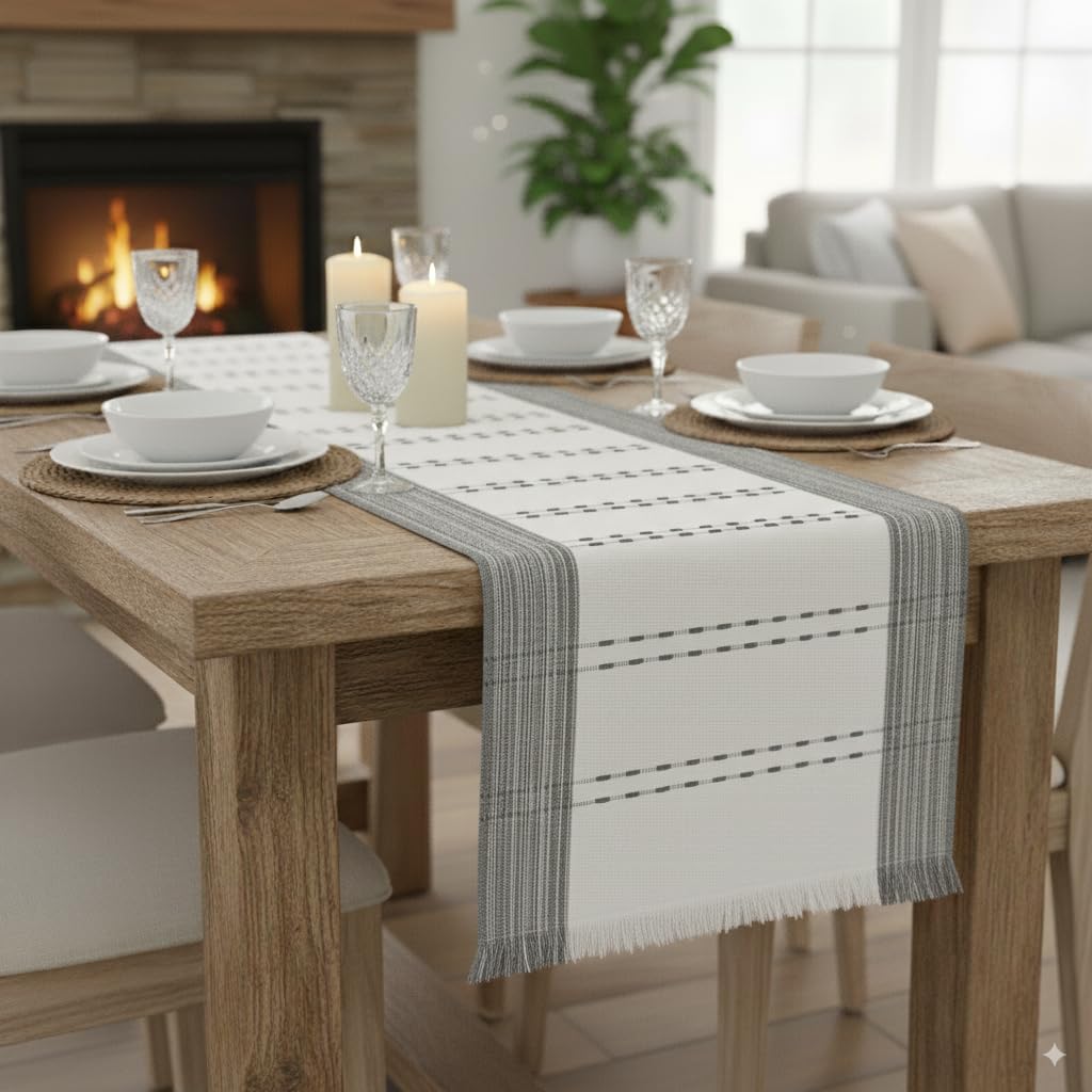 Camino de mesa tejido de algodón orgánico a rayas con flecos, tela rústica de granja, camino de mesa de comedor para cocina, mesa de buffet, bufanda de tocador, antideslizante, lavable, textura