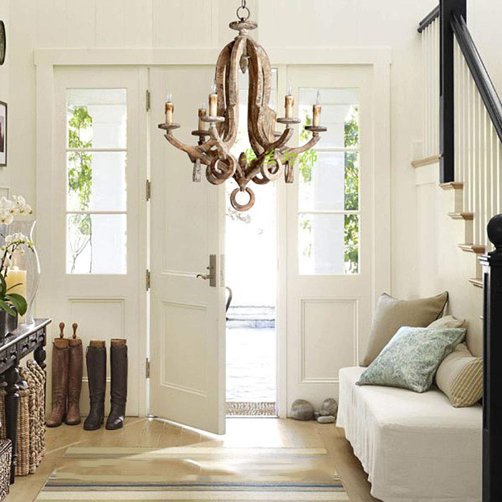 E14 Amerikaner Land Retro Kronleuchter,E14 Elegante Shabby Chic Holz Während Lighting Bauernhaus Deckenleuchten Für Wohnzimmer Schlafzimmer,Rustikalen Einstellbar Kerze Kronleuchte-Retro,Um altes weiß