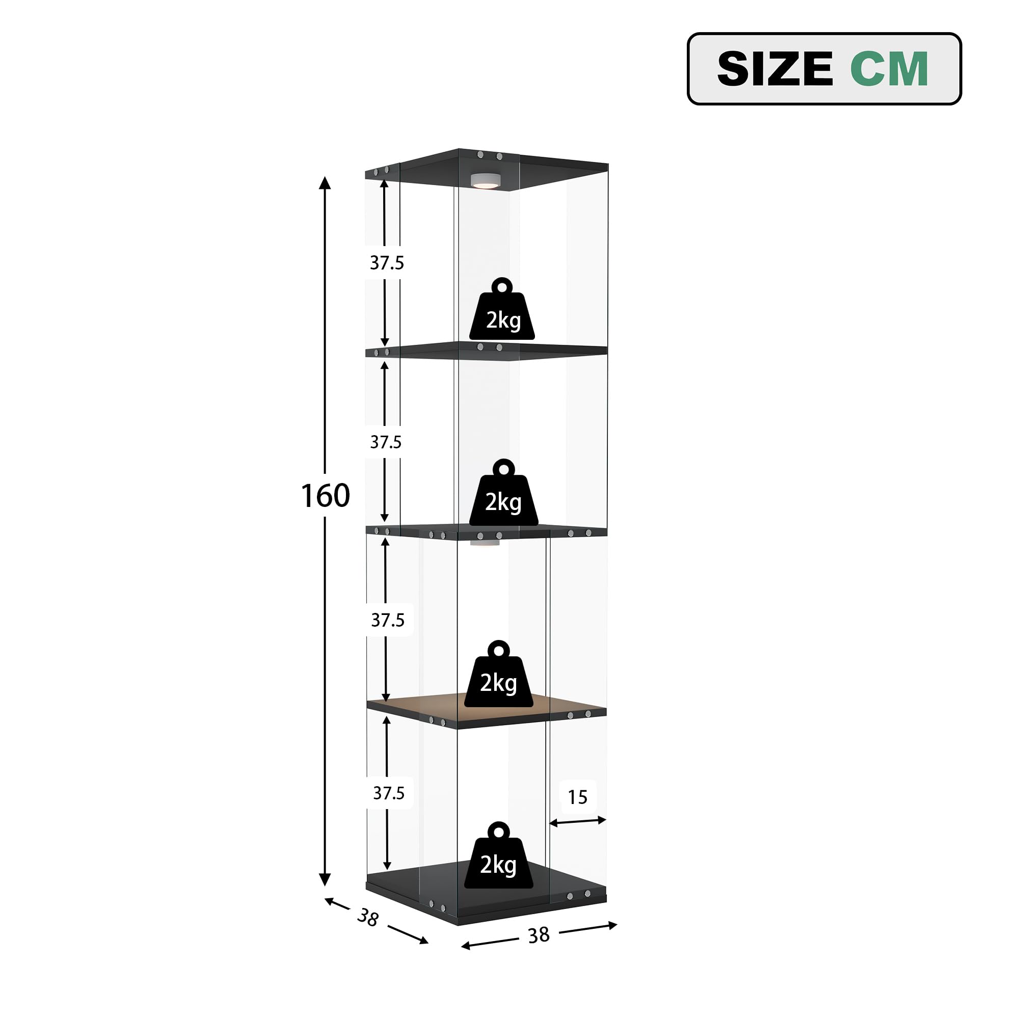 Vetrina girevole in vetro con illuminazione a LED, girevole a 360°, per statuette, giocattoli, vino, libri, 38 x 38 x 160 cm