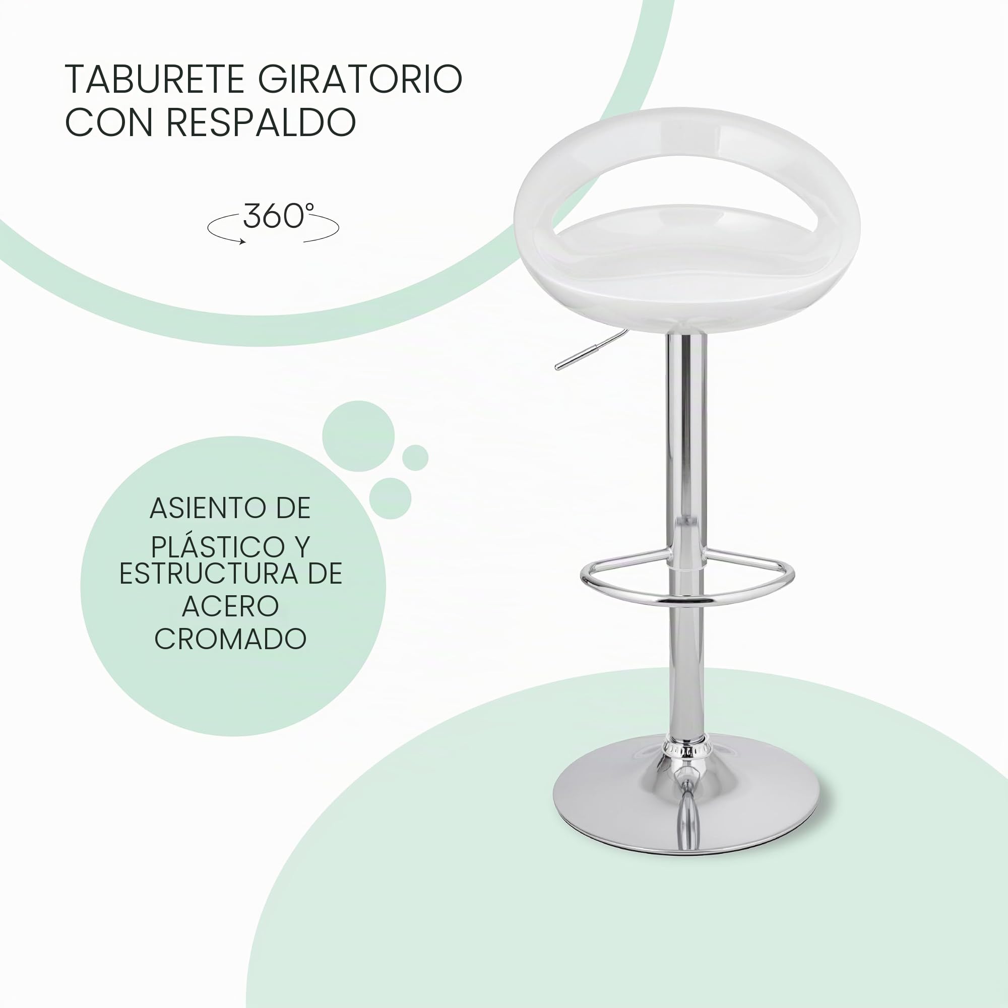 Baroni Home Taburete Giratorio de Altura Ajustable, Asiento de Plástico y Espiga, Base Cromada, Reposapiés y Fondo Antiarañazos, Taburete de Cocina y Península, 37x45x59-79 cm, Blanco, 1 Pieza
