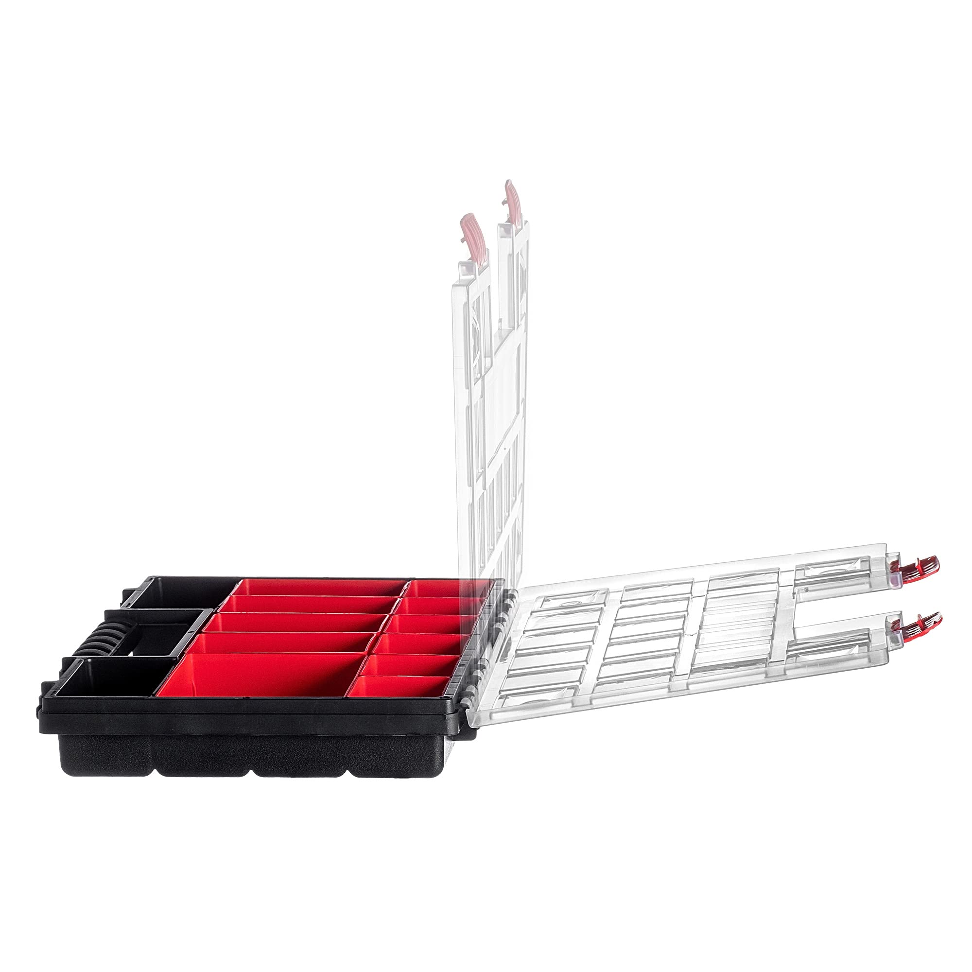 KADAX Organizer con Coperchio Trasparente – Cassetta Porta Minuteria a Scomparti per Viti, Bulloni, Ferramenta, Officina e Garage – Plastica Resistente (34 x 25 cm, 12 Pezzi)