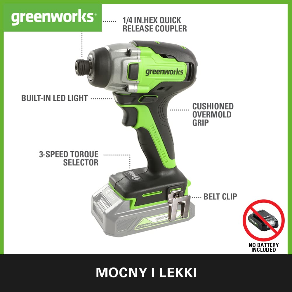 Greenworks GD24ID3 Akumulatorowa Wiertarko-Zakrętarka Udarowa, Bezszczotkowy Silnik, 2800 obr./min, 4000 obr./min, Obrót 300 Nm 1/4" Sześciokątny Uchwyt BEZ Baterii i Ładowarki 24V