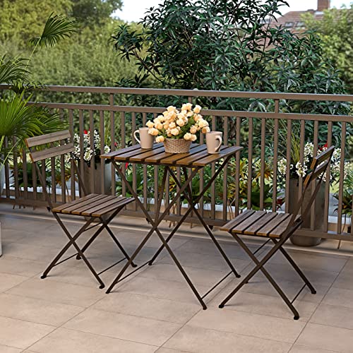 Set Bistrot 2 Stühle Mit Klapptisch Platzsparend Akazienholz Und Metall Wohnzimmer für Terrasse Garten Balkon Outdoor Pool Terrasse Möbel… – Ansicht 3