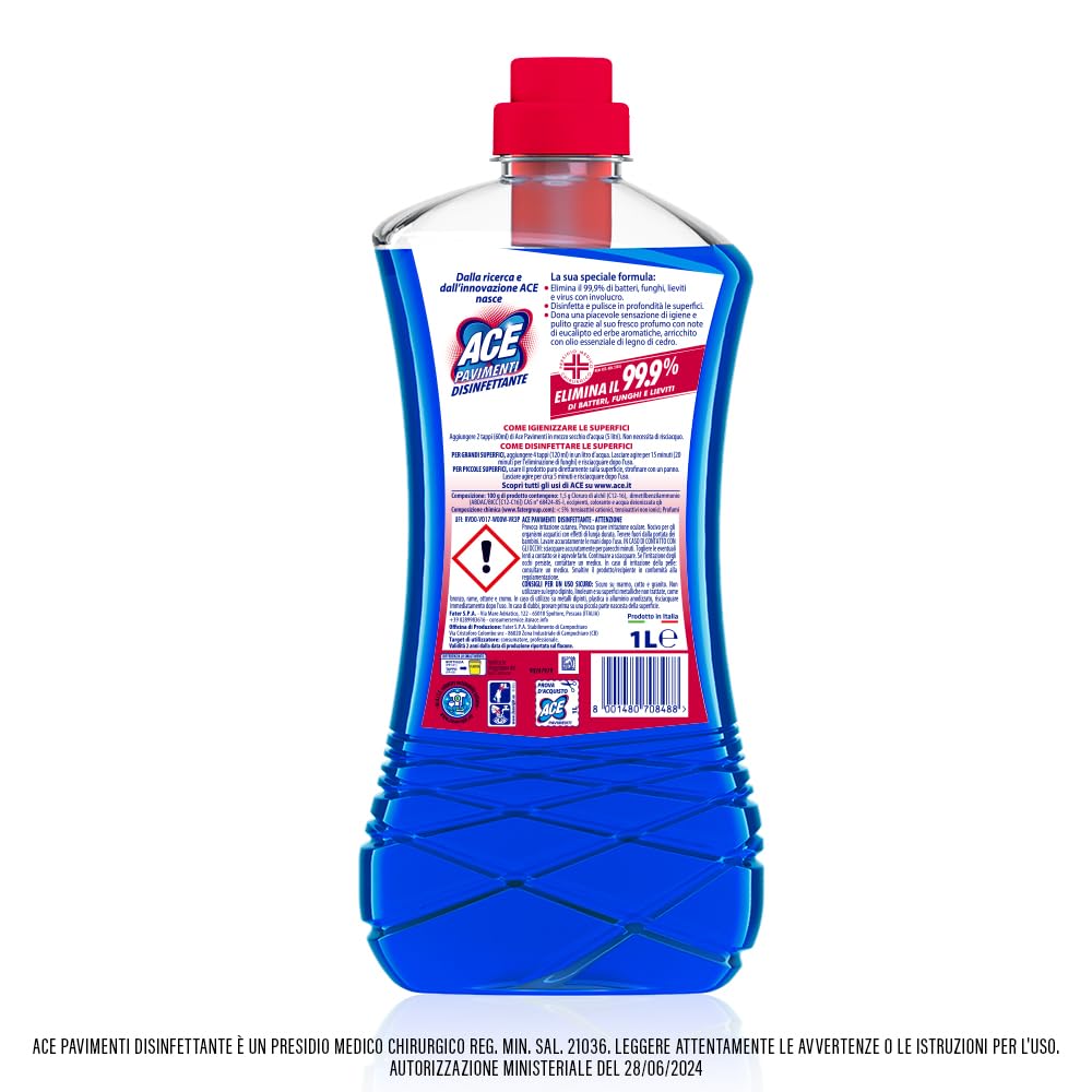 ACE Pavimenti Disinfettante, 8 Flaconi da 1 Litro