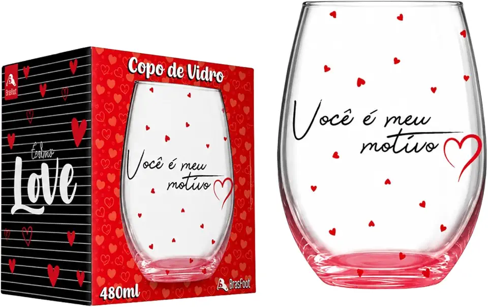 Copo Taça de Vidro 480ml Stemless com Estampa Love/Você é Meu Motivo – Presente para Dia dos Namorados, Casais