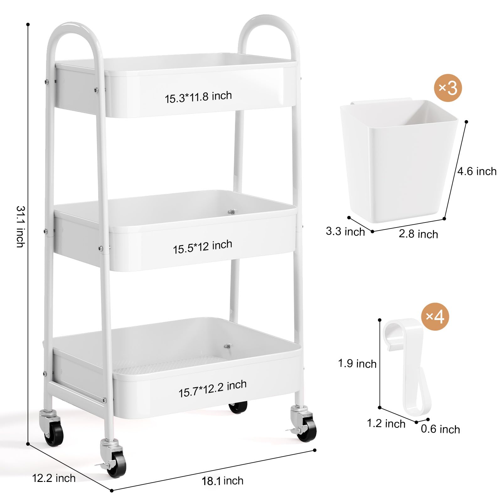Carrito rodante blanco de 3 niveles, carrito de almacenamiento rodante de metal con ruedas bloqueables, tazas y ganchos colgantes