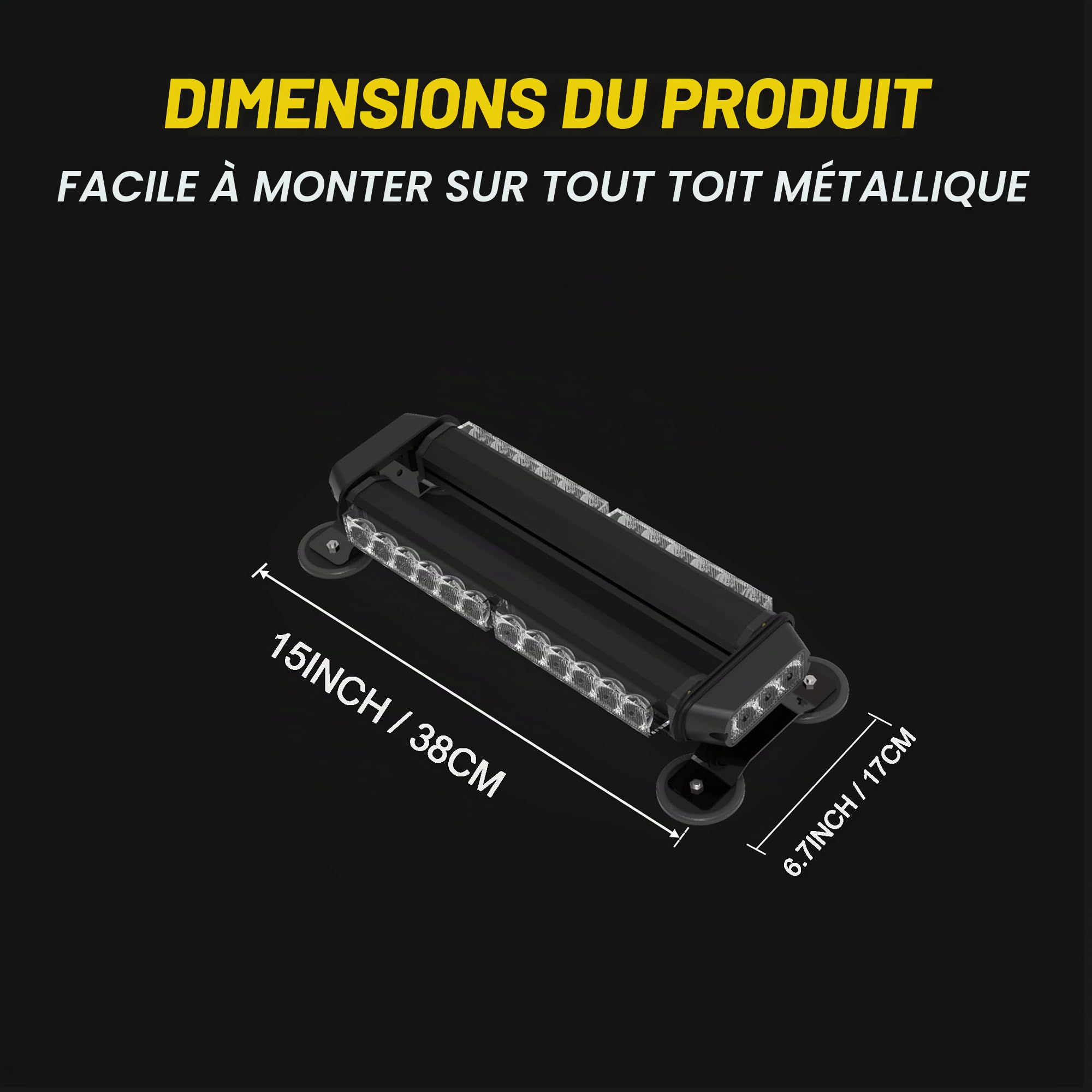 38cm 30 LED Barre Lumineuse Stroboscopique, 14 modes 12/24v Rampe Gyrophare Avertissement magnétique clignotant d’urgence, Ambre