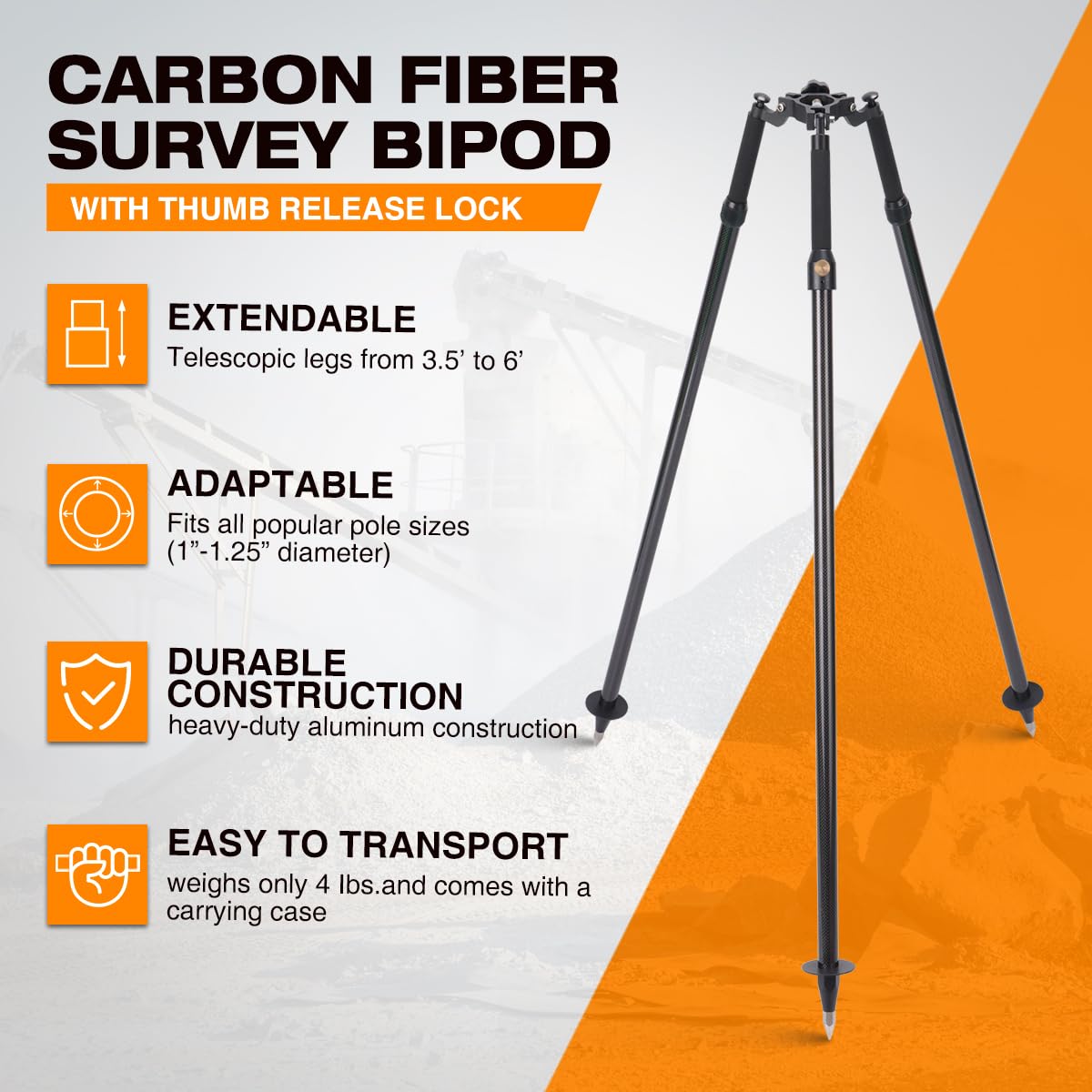 Treppiede professionale in fibra di carbonio con rilascio del pollice, treppiede per aste prisma e sondaggi, compatibile con stazioni totali e apparecchiature di rilevamento