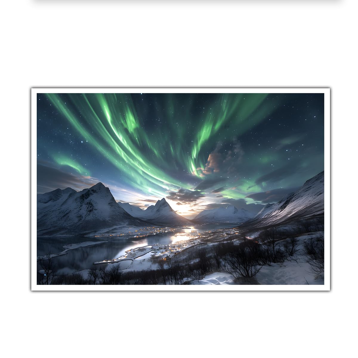 OSHIONARTE Northern Lights Wall Art Aurora Borealis over Snowy Mountain Landscape Poster Print Night Sky Scenic Picture Artwork for Home Decor 35x50cm Frameless