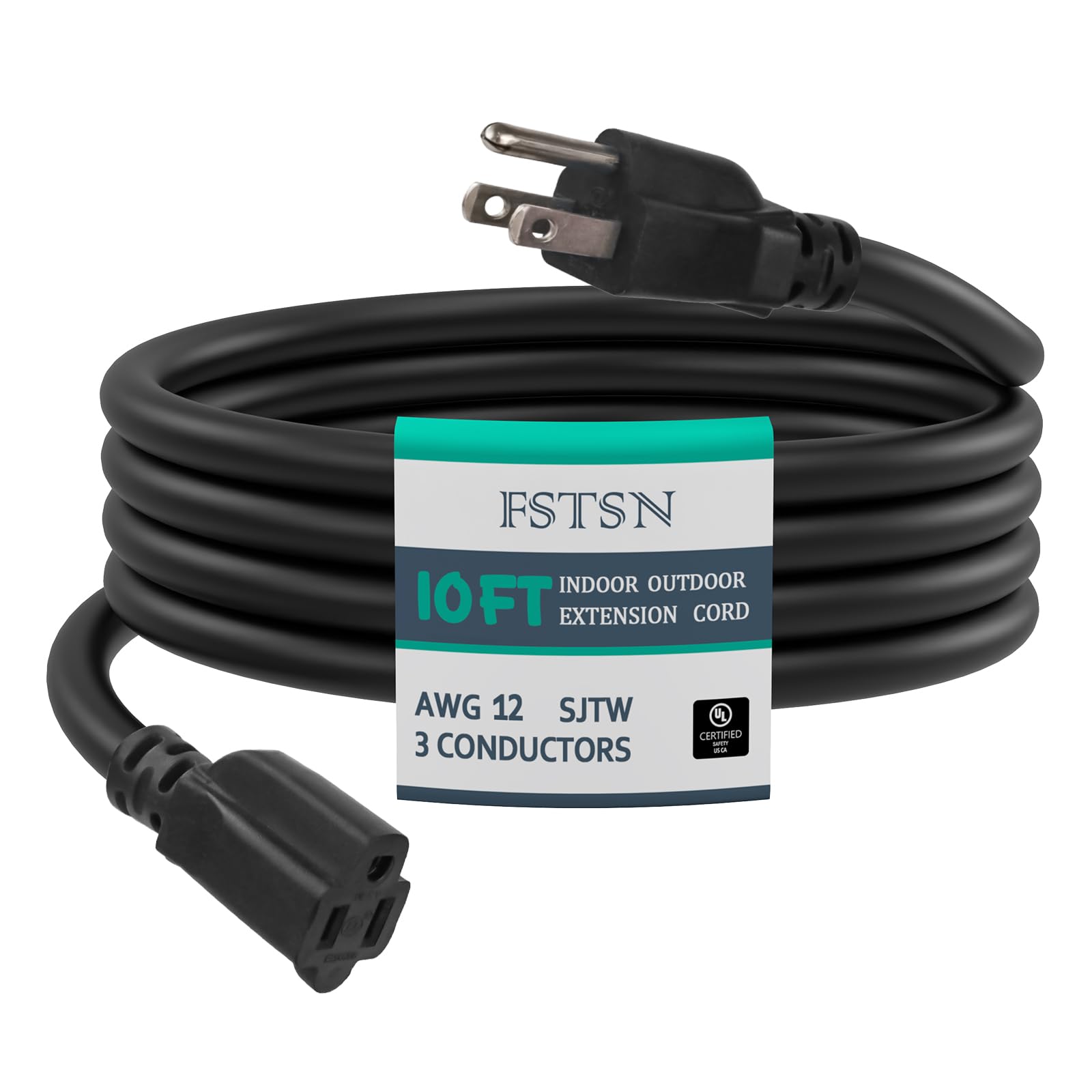 10 FT Outdoor Heavy Duty Extension Cord - 12/3 SJTW 15 AMP Indoor Power Cord with 3 Prong Grounded Plug for Lawn Mower, Appliances, Workshop, Lights Water Resistant Flexible Cable 12 Gauge