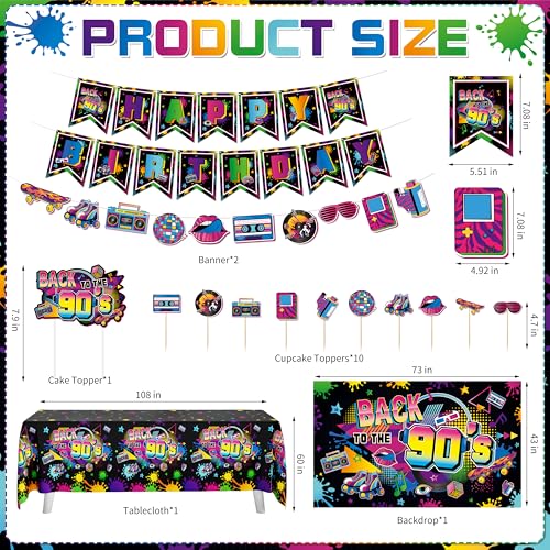Image of Fayoo 90s Party Decorations 80s Disco Theme Birthday Party Supplies Kit | Includes Back to the 90's Backdrop, Tablecloth, Happy Birthday Banner, 90s Balloon Arch Kit, Cake Toppers