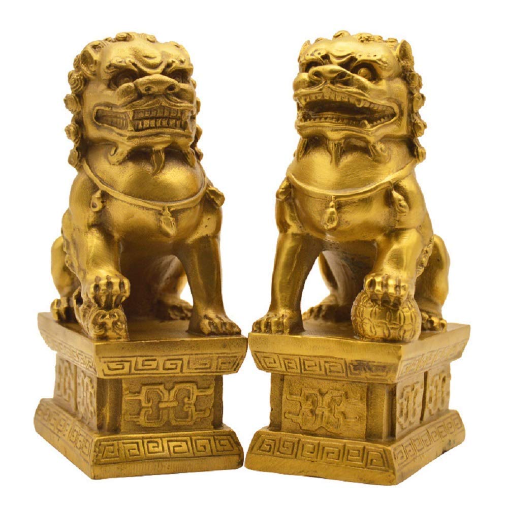 YNIYUJKL Feng Shui Ornaments Pure Brass Beijing Lions Statues Pair Fu Foo Dogs Decoration Prosperity Figurines Sculptures Animal Good Luck Wealth Home Office Business Gift