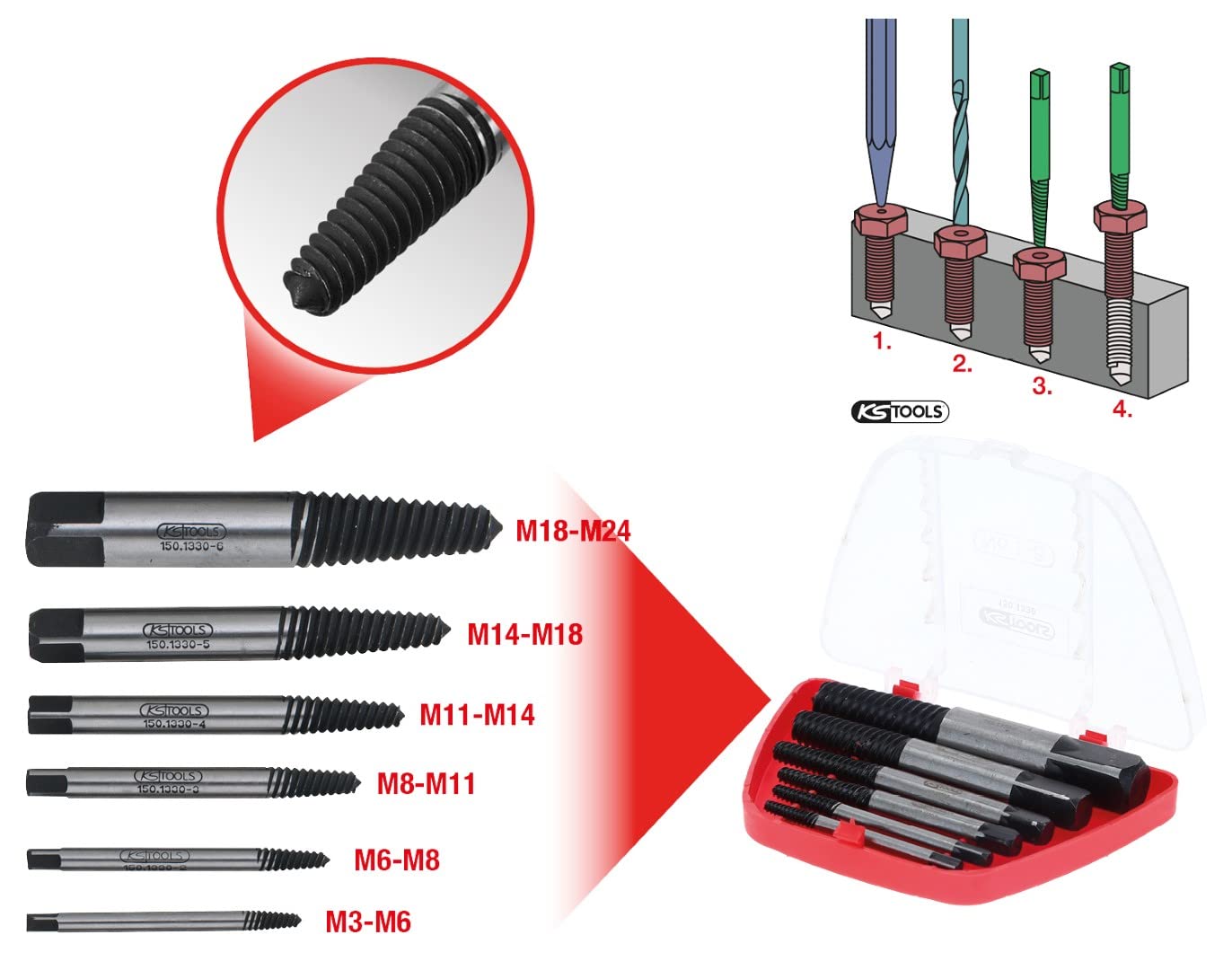 KS TOOLS 515.1003 Coffret de tournevis à frapper avec embouts, 11 pièces & Ks tools ensemble d'extracteurs de vis 6 pièces m3-m18 150.1330