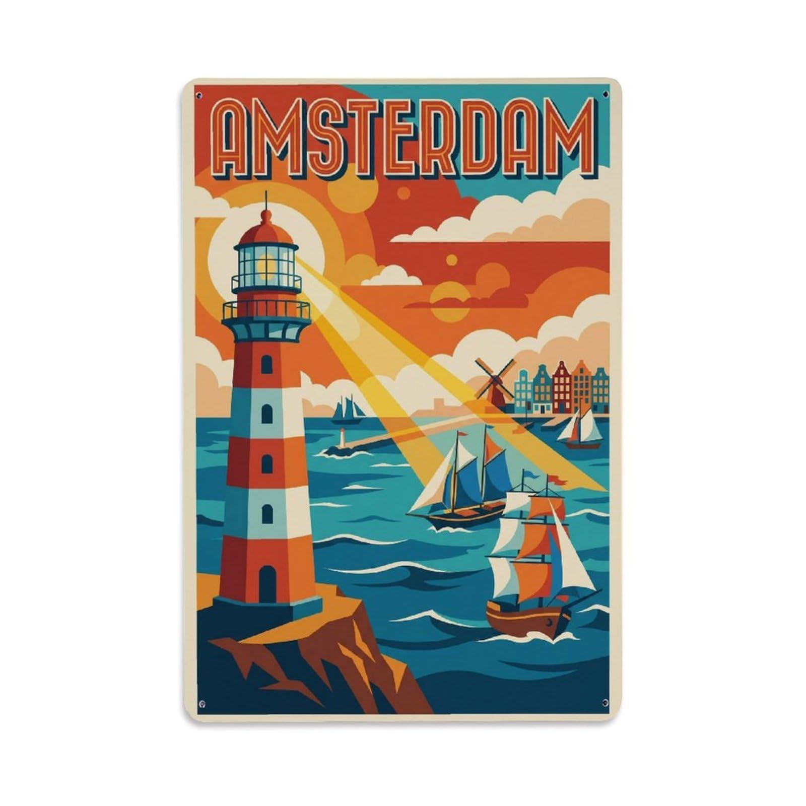 Okngb Style Retro Canal Boats Amsterdam Harbor Travel Quay Waterway Metal Tin Sign Plaque Wall Decor For Cafe, Man Cave, Club Bar, Office, Home Garden Round Metal Poster 8X12inch