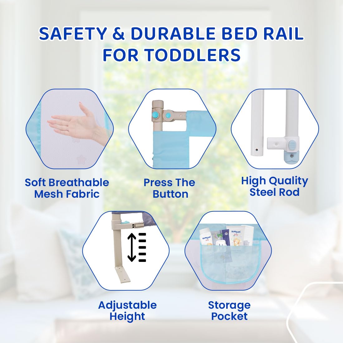 Bumtum Space Print Blue Bed Rail | Kids Safety |180x72Cm Bed Rails for Baby & Toddler Safety | Portable Baby Bed Fence | Adjustable | Single Side Baby Bed Rail. - Image 3 thumbnail