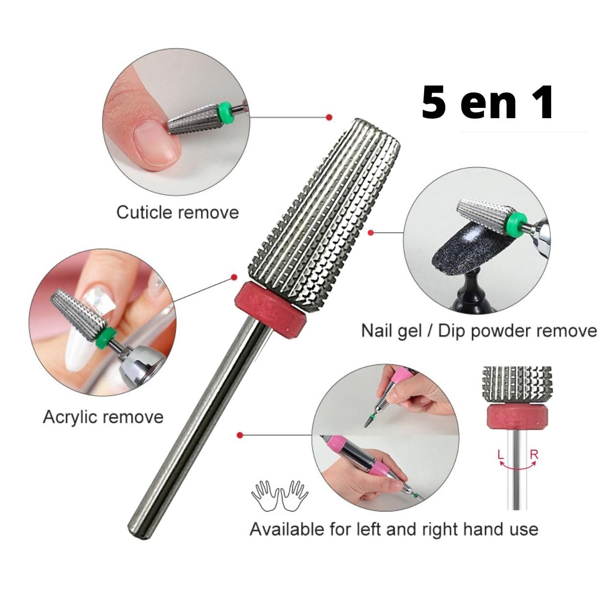 Natury Nails Fresa 5 en 1 de Carburo de Tungsteno para Torno de uñas. Manicura Rusa, Pedicura, Esmaltes, Uñas Acrílicas y Uñas de Gel (Grano Fino)
