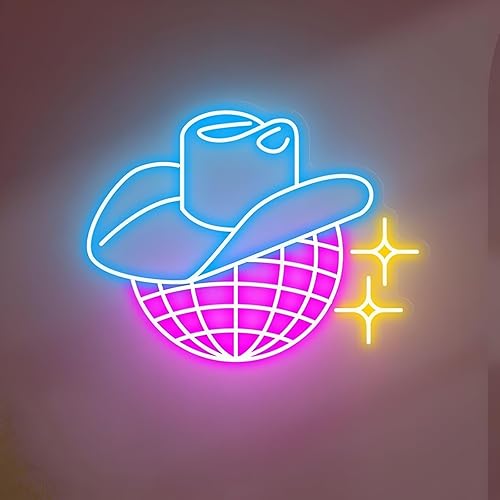 Disco Ball Neon Sign, Dimmable Cowboy Hat Disco Led Neon Lights for Wall Decor, Light Up Sign for Bedroom Teen Room Party Retro Space Living Room