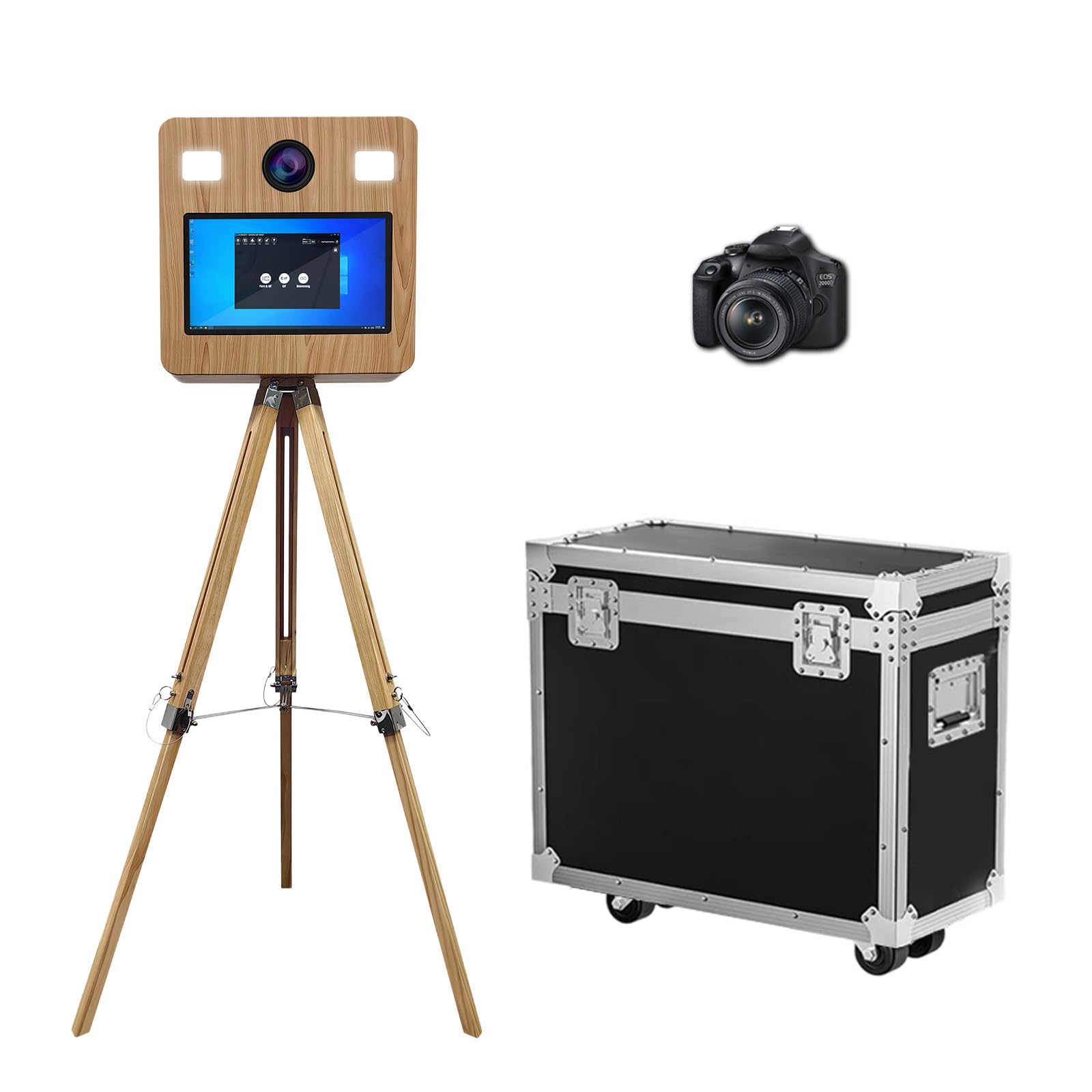 Maszyna do fotobudki, ekran dotykowy 39.6 cm, do fotobudki, drewniany, chowany, wbudowany mini PC, walizka lotnicza, światło wypełniające, natychmiastowe drukowanie i udostępnianie na imprezę (maszyna