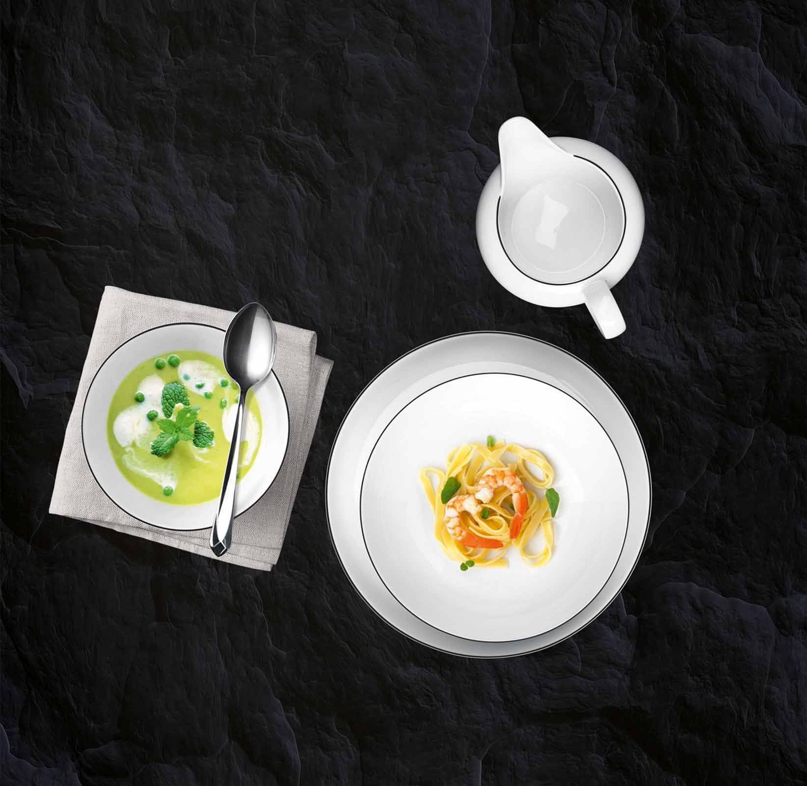 Seltmann Weiden Lido Black Line Schüssel-Set 7-teilig | Salatschüssel 23 cm und 6x Dessertschale 15 cm | Schalen mit schwarzem Rand | Porzellan | Weiß