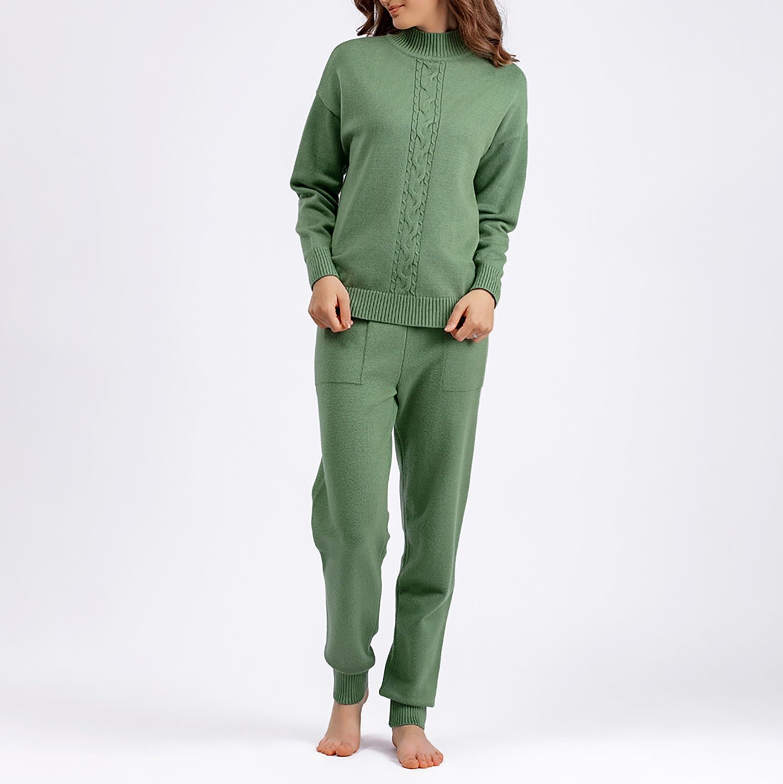 Conjunto de pijama de invierno cálido para mujer, Pijamas de color liso, alto cuello alto, salón, suave, cómodo, pantalones delgados, ropa de dormir informal, grande, pijamas de algodón y manga larga