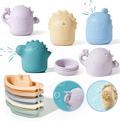 Juguetes de baño de silicona sin moho con botes flotantes para niños pequeños de 1 a 3 años, 10 unidades, juguetes de baño de dinosaurios sin moho