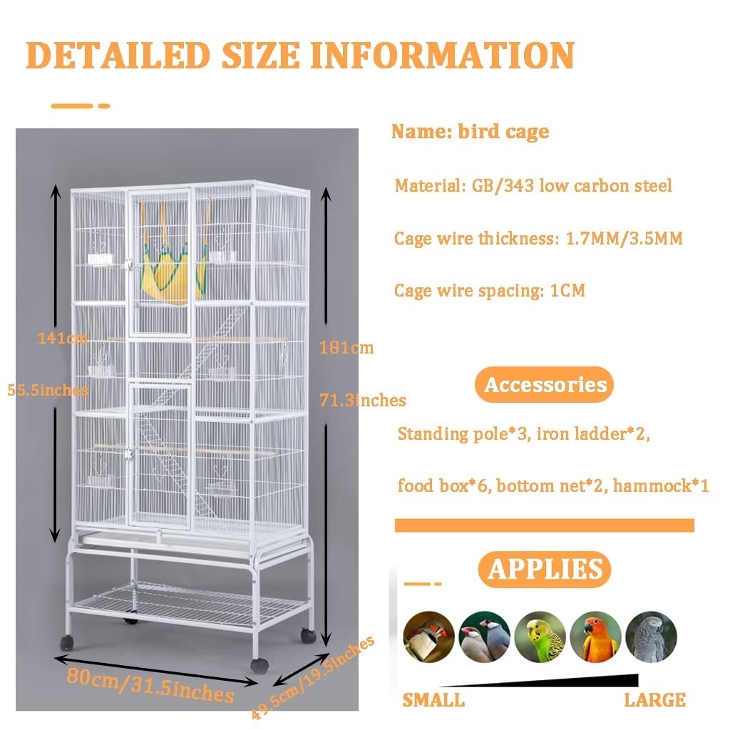 Jaulas para pájaros para cacatúas Jaula para palomas con pintura en aerosol de acero, rueda móvil de 360 °, aviario para pájaros, bandeja extraíble, jaula para vuelo, descanso, recreación, comer, lim