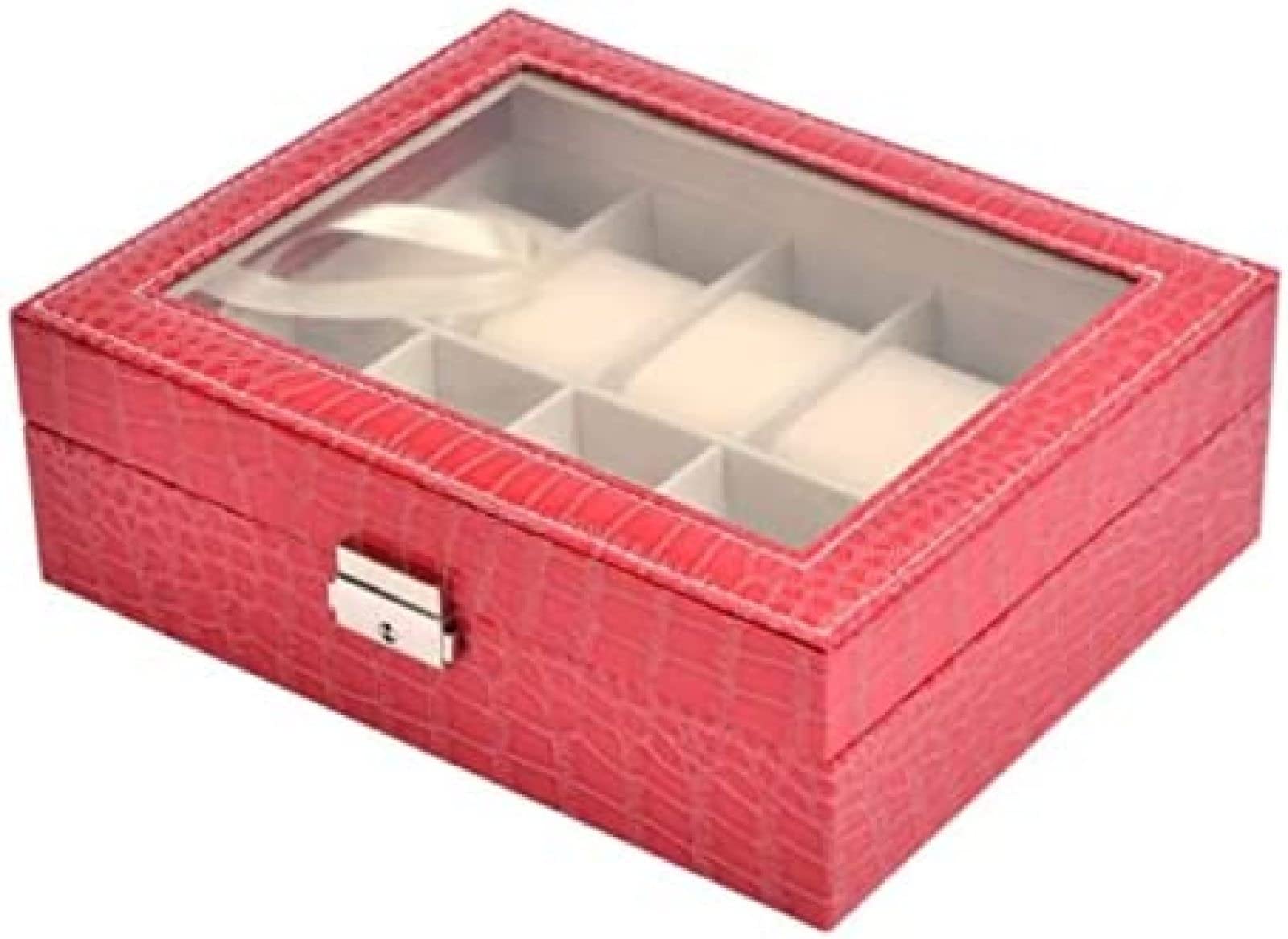 YNBSHGAA Watch Box Watch Case Watch Roll 10 Slot PU Leather Lockable Watch Box Display Case Organizer Holder Jewelry Storage Showcase with Clear Lid,Brown,25X20X8cm,Fuchsia-25X20X8cm
