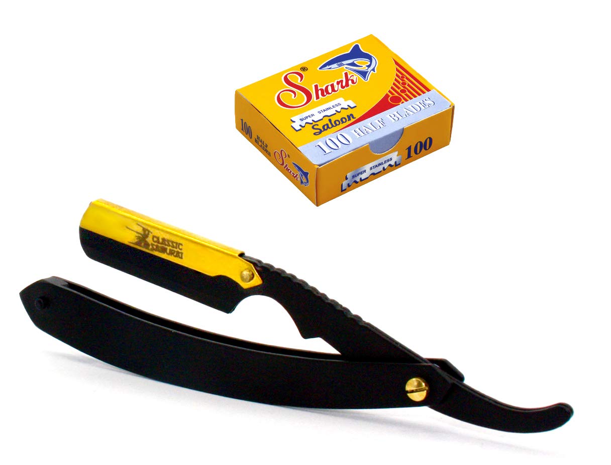 Classic Samurai CS-102 Matte Black Golden Head Stainless Steel Professional Barber Straight Edge Razor with 100 Shark Single Edge Razor Blades