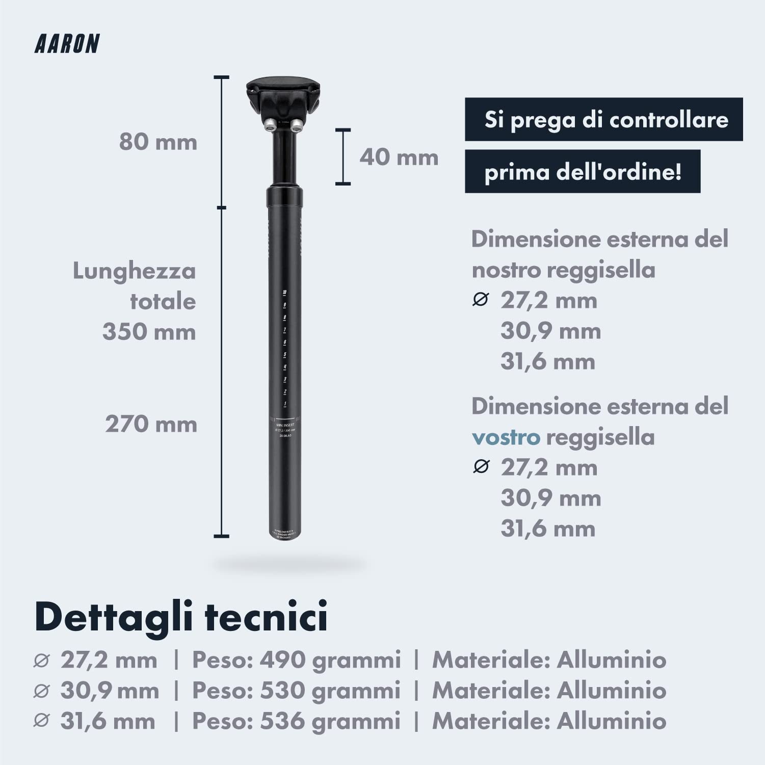 AARON Spring - Reggisella ammortizzato in Alluminio - Diametro 27,2 mm - Lunghezza 350 mm - per Bici elettrica, MTB, da Trekking, City Bike, ECC. - Nero