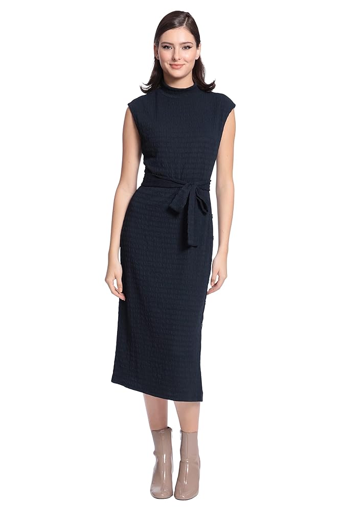 Maggy London モックネック半袖ドレープミディシースドレス Maggy London Women's Mock Neck Side Placket MIDI Dress, Navy