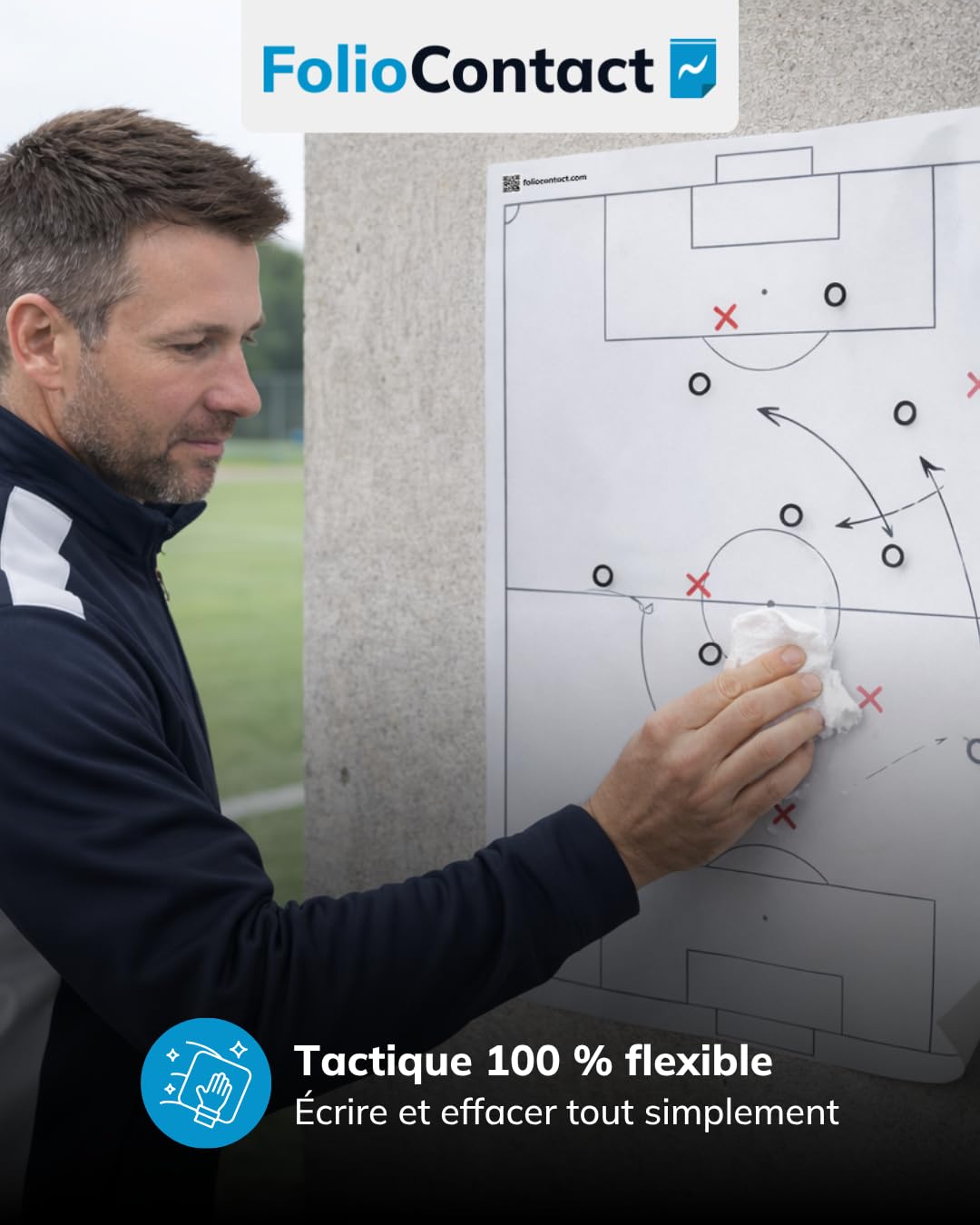 FolioContact - Tableau tactique de football - 60 x 80 cm - Film tactique statique auto-adhésif avec 25 feuilles et 2 marqueurs pour tableau - Effaçable et réinscriptible - Alternative au tableau