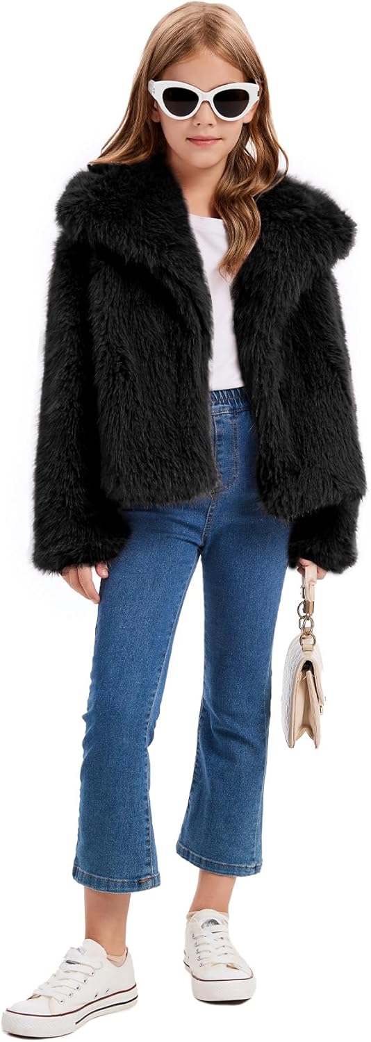 Flygo Girls Faux Fur Coat Kids Fluffy Long Sleeve Lapel Collar Open Front Jacket Warm Winter Shaggy Outwear with Pockets - Image 5