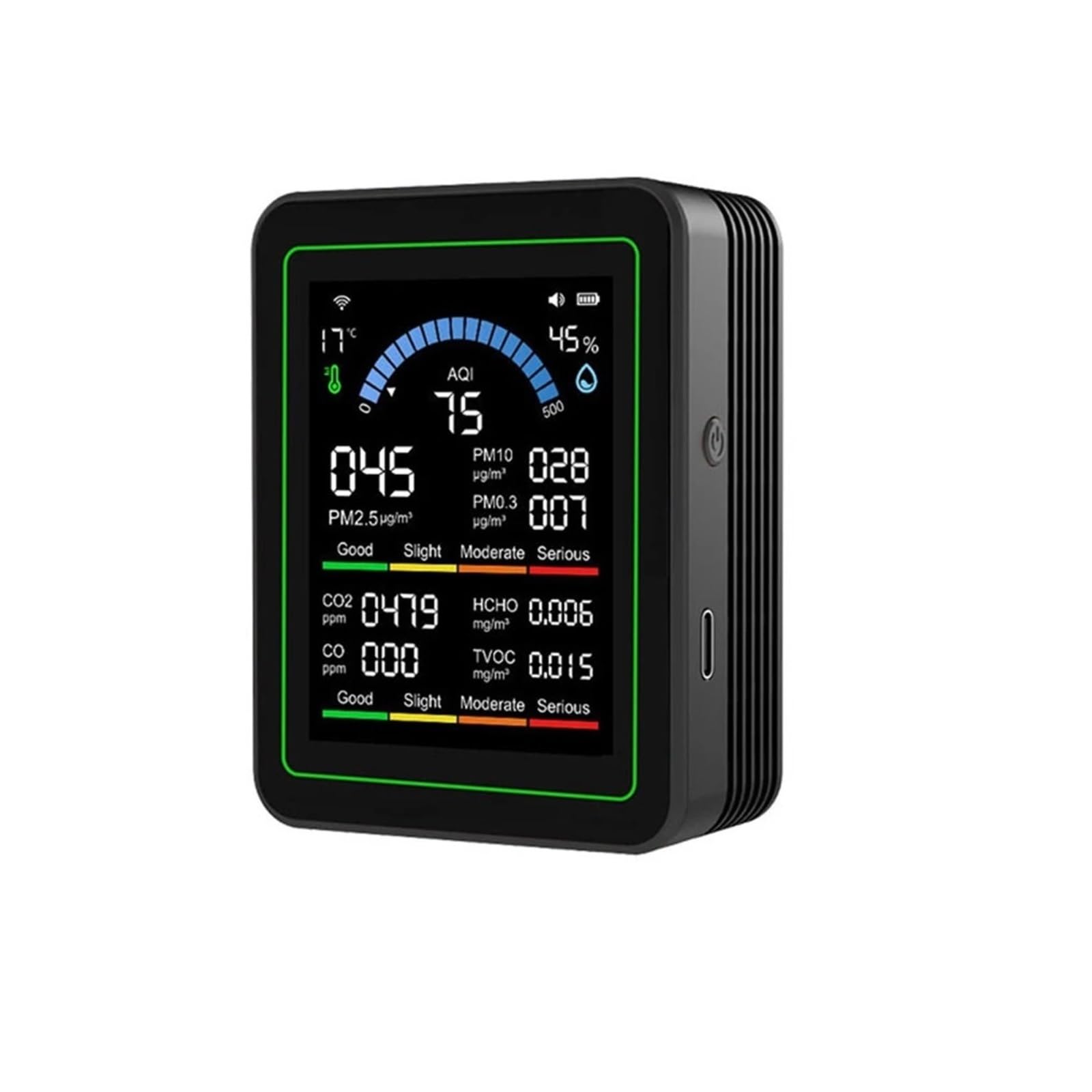 Monitor de calidad del aire, Monitor De Dióxido Carbono 10 En 1 WiFi PM0.3,0 2,5 Detector Formaldehído Temperatura Humedad CO2 Calidad Del Aire(Black)