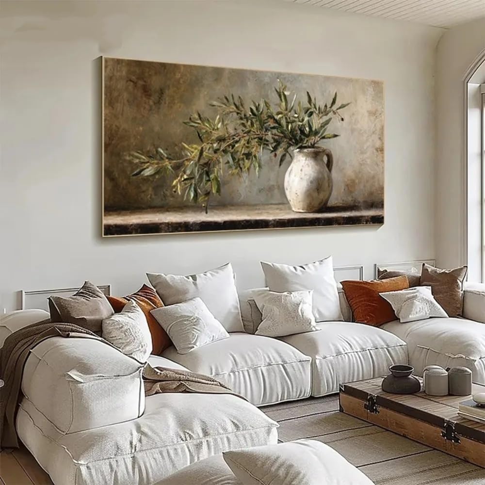 Dittelle Modern Olive Branch in White Pot Olive Green Beige Brown Tone Olive Tree Wall,Flat Poster Living Room Minimalist Decor(90x180cm/ Frameless)