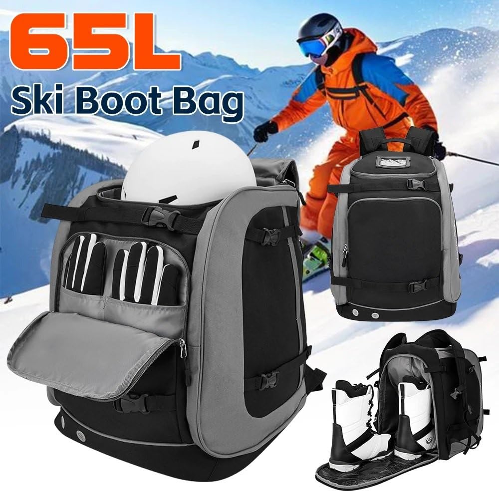 Zaino da sci da 65 litri, grande capacità, regolabile, impermeabile, in tessuto, per casco, abbigliamento, uomo e donna