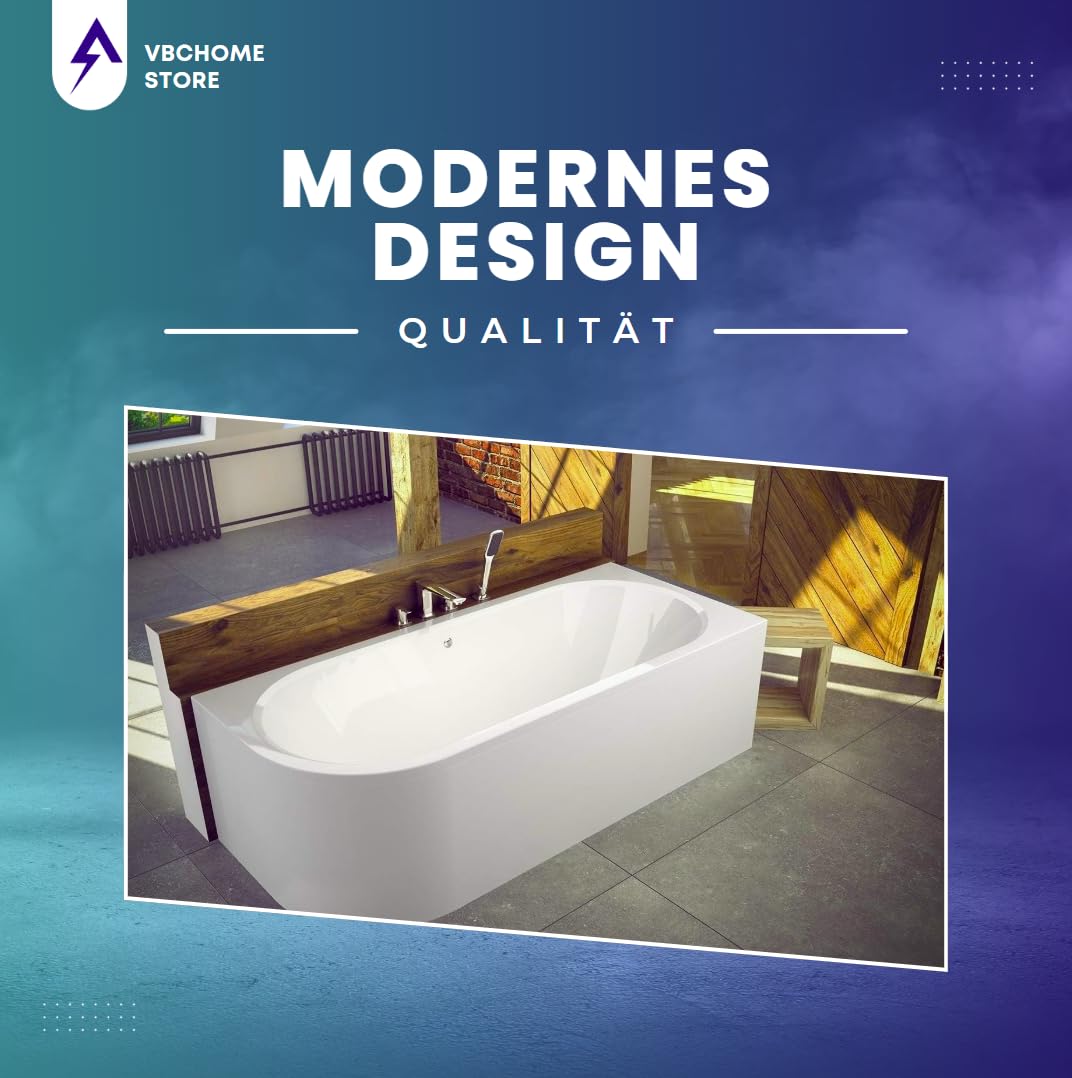 VBChome Bañera de 170 x 75 cm, acrílico, juego de delantal, sifón, esquina, bañera de esquina, color blanco, diseño moderno para 2 personas a la derecha (bañera de 170 x 75 a la derecha