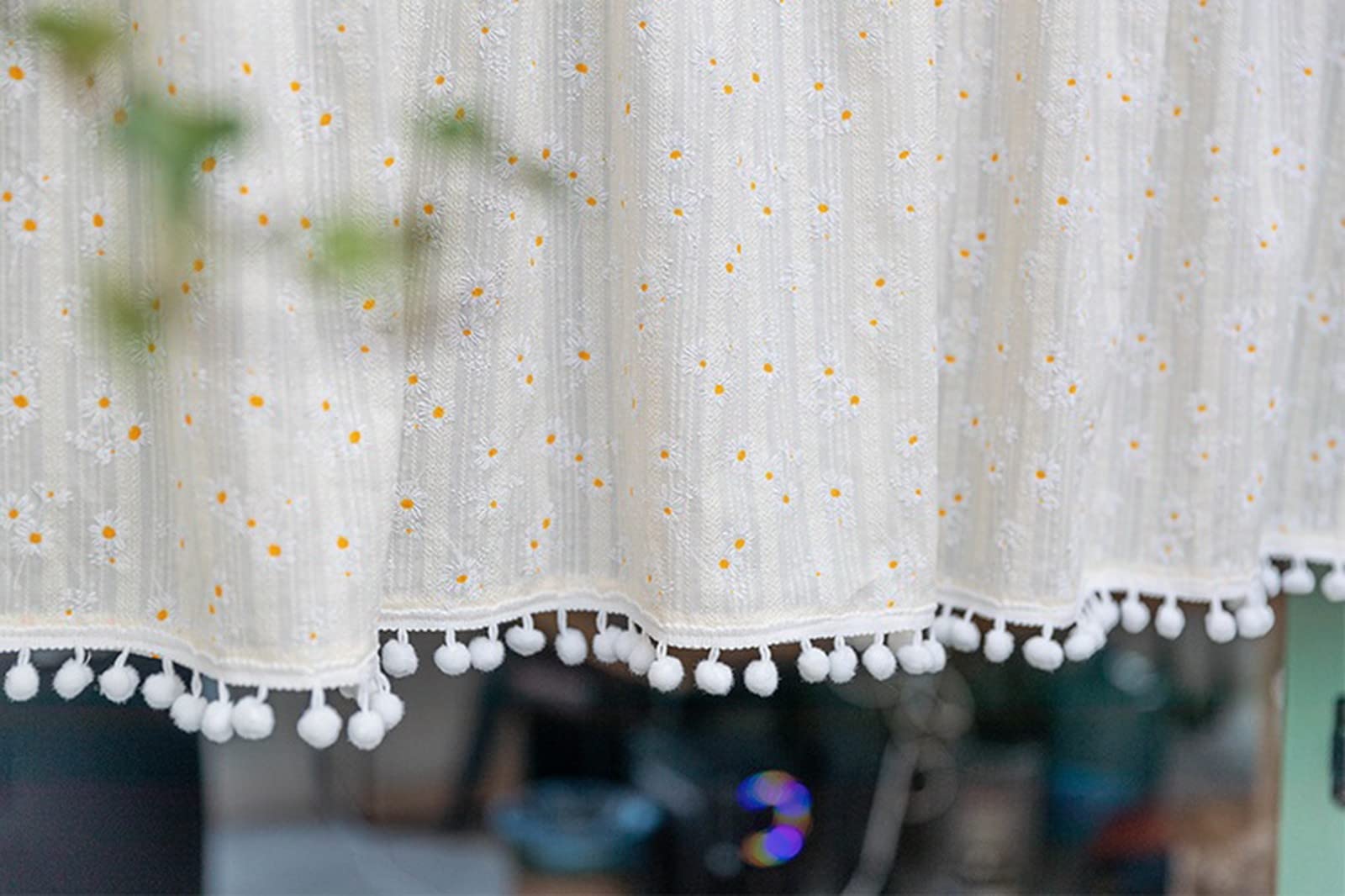 Rideau De Cuisine Lin Coton Blanc 50x150cm - Brise-vue Avec Pompons Pour Petite Fenêtre