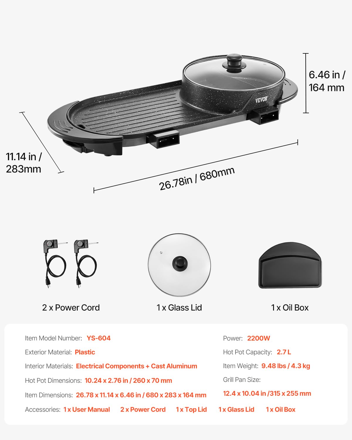 VEVOR Hot Pot mit Grill, 2200 W 2 in 1 elektrischer rauchfreier Grill und Hot Pot, koreanischer BBQ Shabu Feuertopf mit separater doppelter Temperaturregelung & antihaftbeschichteter Pfannen