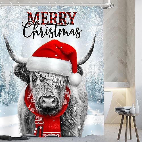 AMBZEK Merry Christmas Cow Shower Curtain 60Wx72L Inch Xmas Wild Animal Snowflake Country Winter Holiday Happy New Year Artwork Cloth Fabric Waterproof Polyester Bathroom Decor Set with 12 Pack Hooks