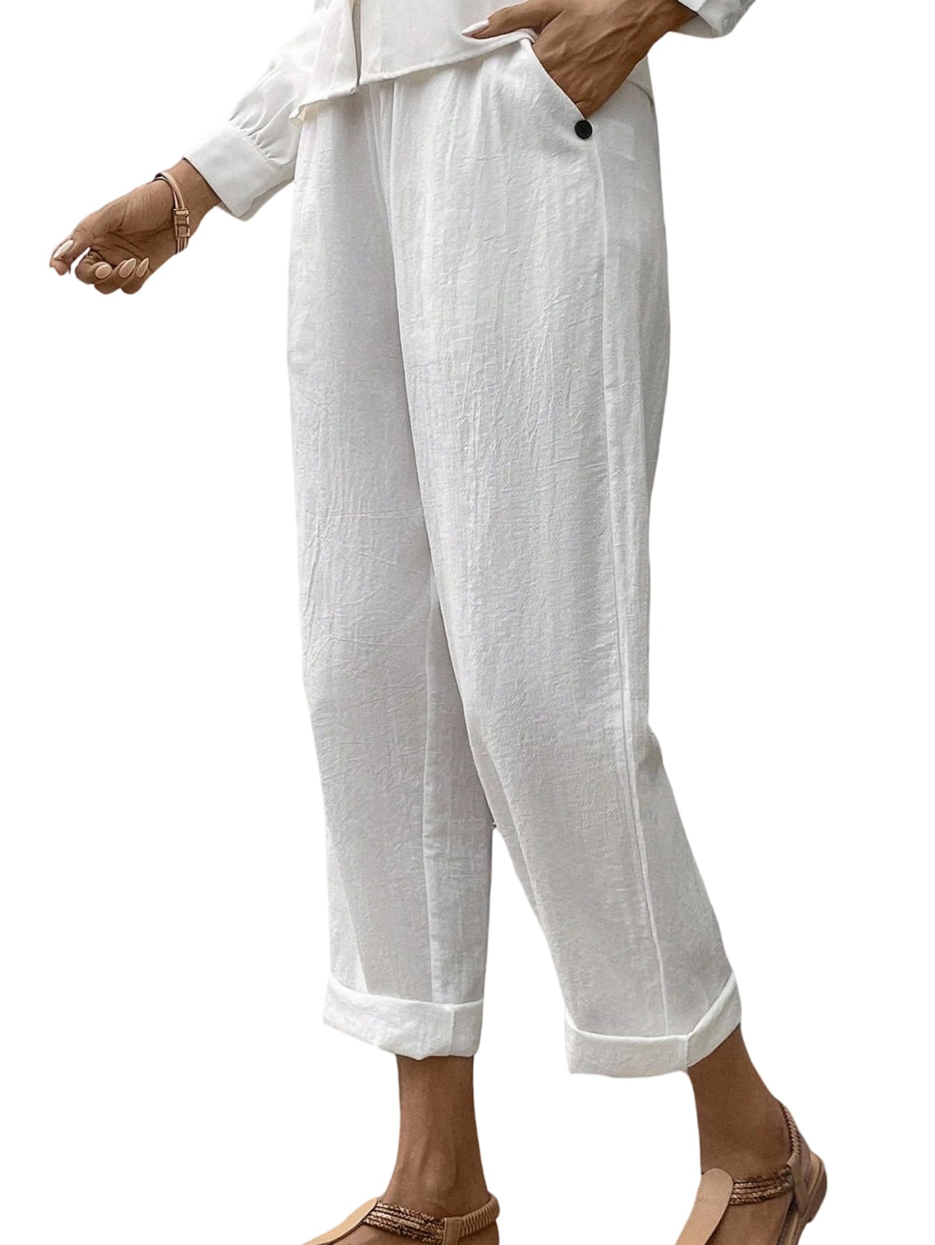 OYOANGLE Womens Linen Capris Pants Elastic Waist Straight Leg Palazzo Trousers with Pocket