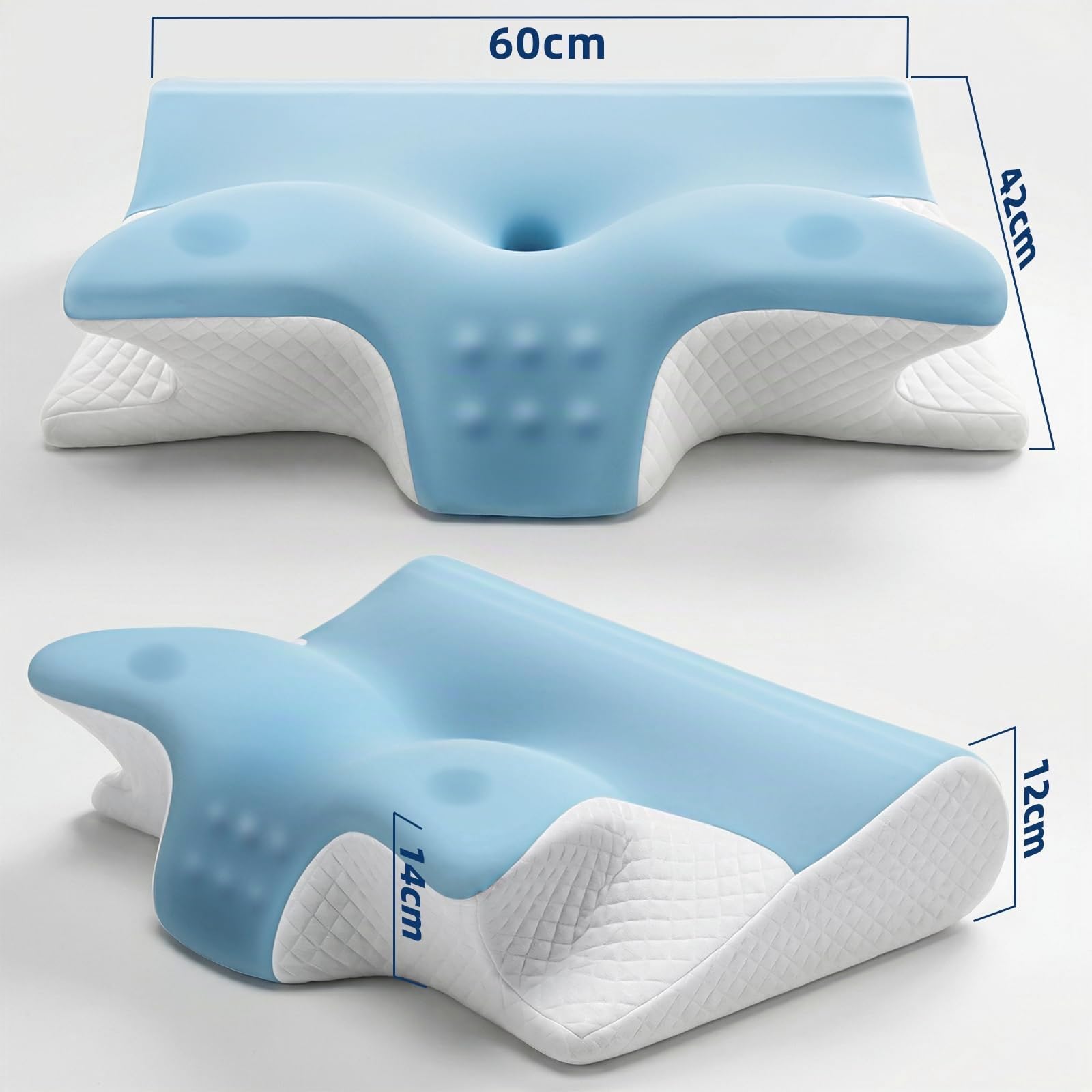 Oreiller Cervical Ergonomique, 2 en 1 Oreiller à Mémoire de Forme Papillon avec Accoudoirs, Coussin Orthopédique Anti-Ronflement pour Dormeur Côté, Dos, Ventre, 60x42x14/12cm (Bleu)