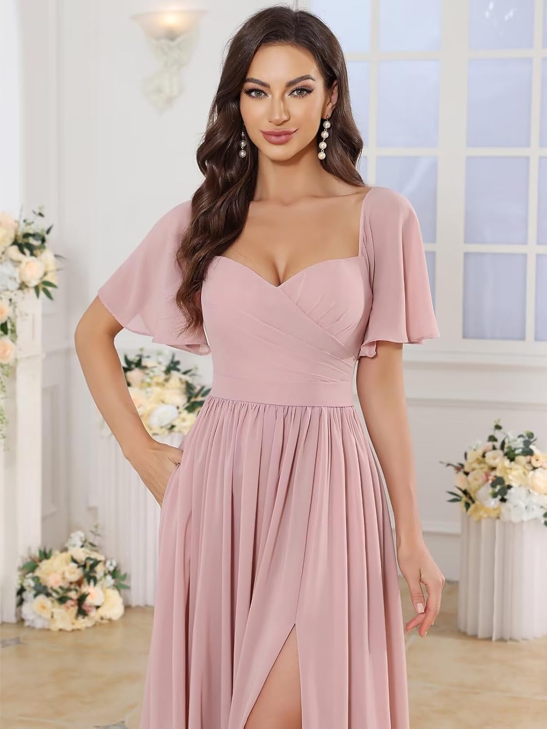 Long Chiffon Bridesmaid Dresses with Sleeves Ruched A-Line Formal Wedding Guest Dress for Women