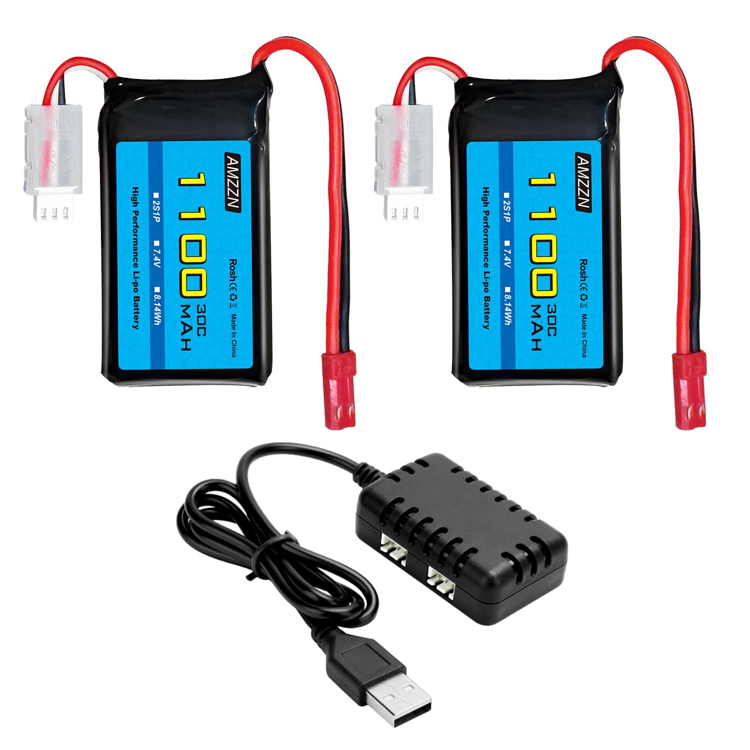 2PCS 7,4V 1100mAh 30C Lipo batterie avec chargeur 2-en-1 pour Wltoys A949 A959 A969 A979 K929 RC voiture, compatible avec 1/10 1/16 1/18 1/24 Ratio RC voiture et A320 A321 V3551 3 drone RC