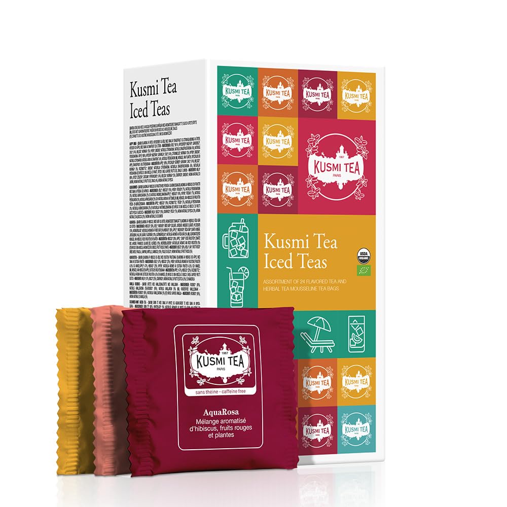 Kusmi Tea - Cofanetto “Tè freddi” - Assortimento di tè Biologico - Idea Regalo per Uomini e Donne - Infusi Aromatizzati, Ibisco, Rooibos, Tè Verde - 24 Bustine in 6 Diverse Varietà