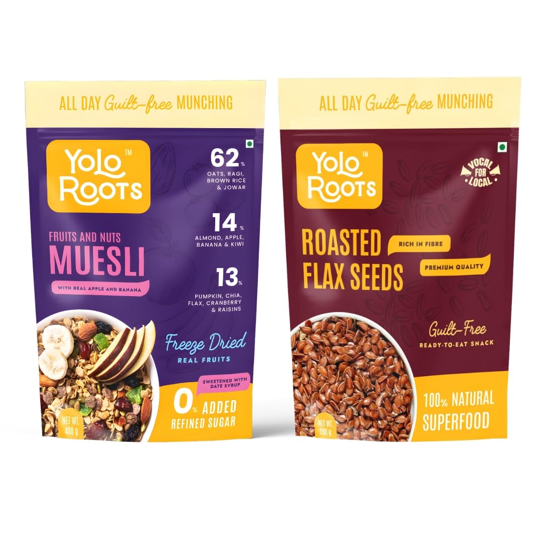 Yolo Roots Fruits & Nuts Muesli 400g & Roasted Flax Seeds 200g Combo, No Added Sugar, High Fiber Breakfast Cereal & Omega 3 Rich Superfood Seeds, Healthy Snack with Oats, Almonds & Fruits (Pack of 2)